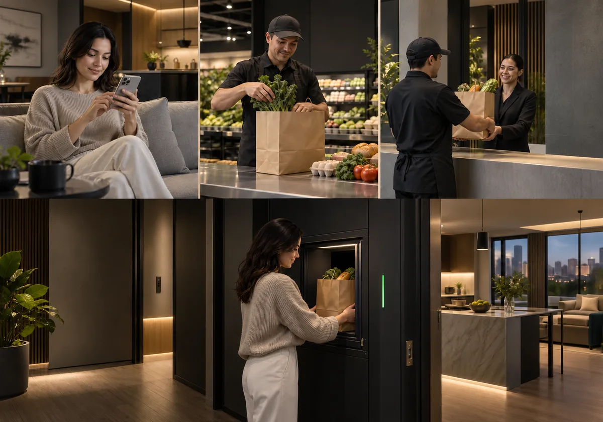 Resident purchase approval, staff grocery fulfilment, secure hand-off and unit-side receipt sequence.