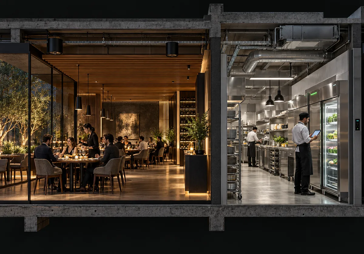 Restaurant dining scene and separate back-of-house refrigeration inspection.