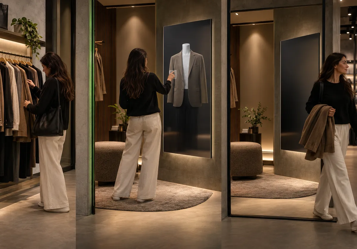 Three physical fitting-session stages: choose a garment, deliberately start the display, then end with a blank display.