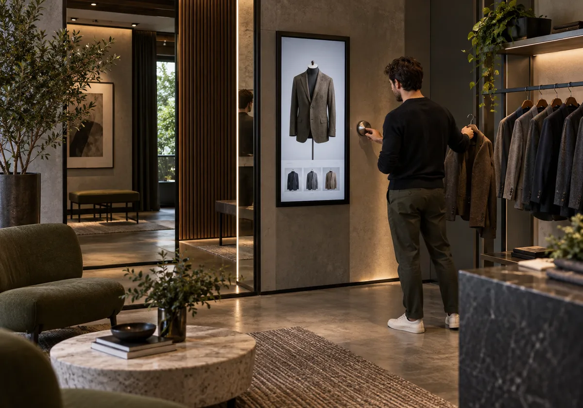 Private fitting space with fully clothed customer selecting a jacket and intentionally using an optional garment display.