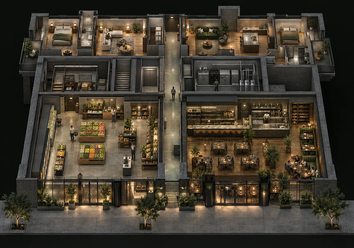 Distinct residential floor, tenant grocery and restaurant spaces, and independent building coordination room.