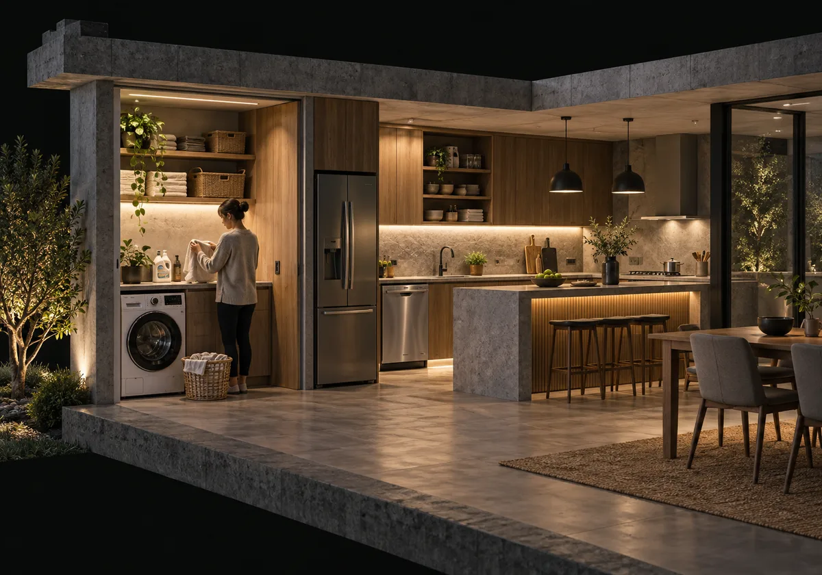 Laundry and kitchen cutaway showing a washing machine, dishwasher and local service points.