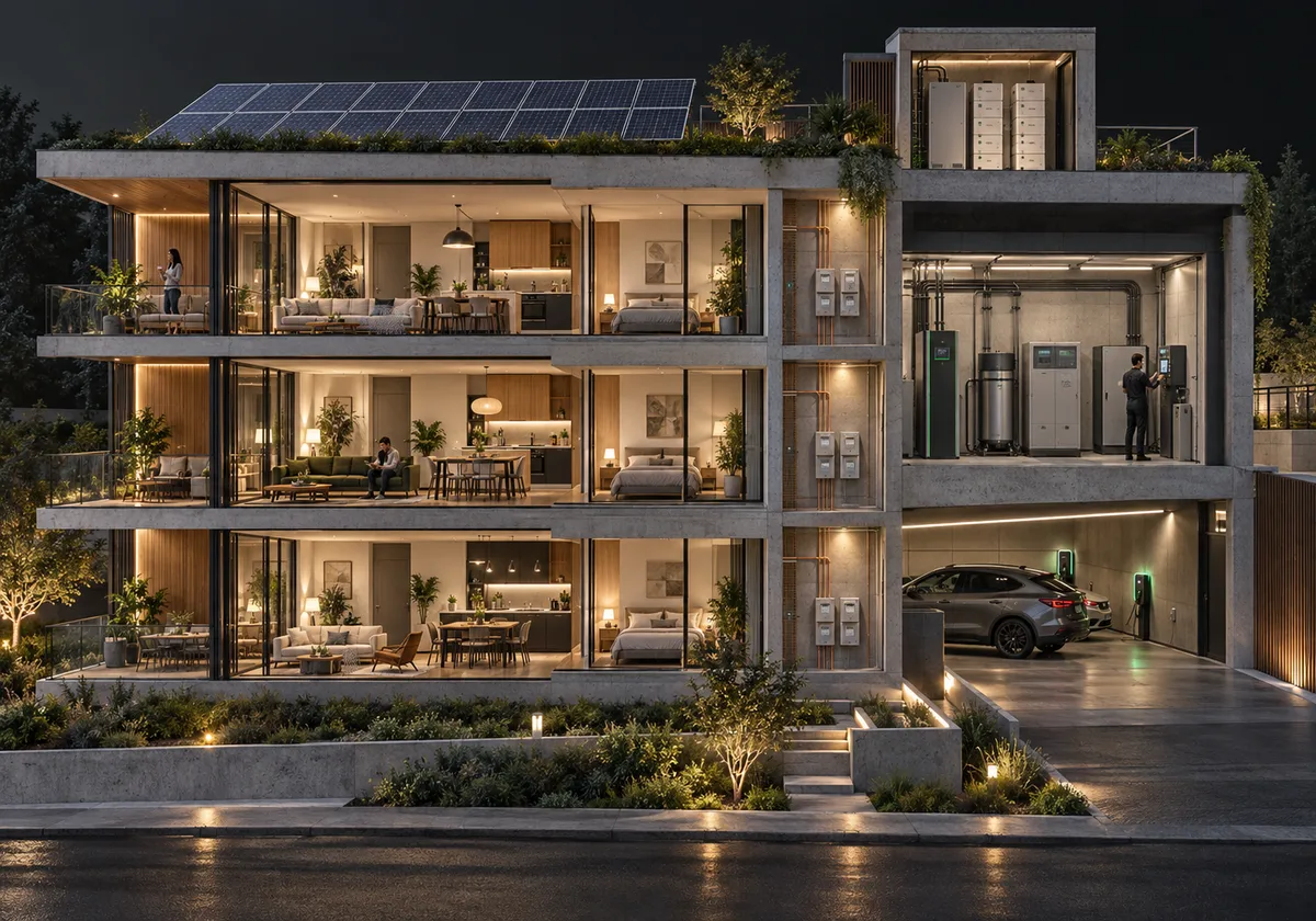 Building cutaway locating apartments, shared coordination room, metering, rooftop generation, storage and EV charging.