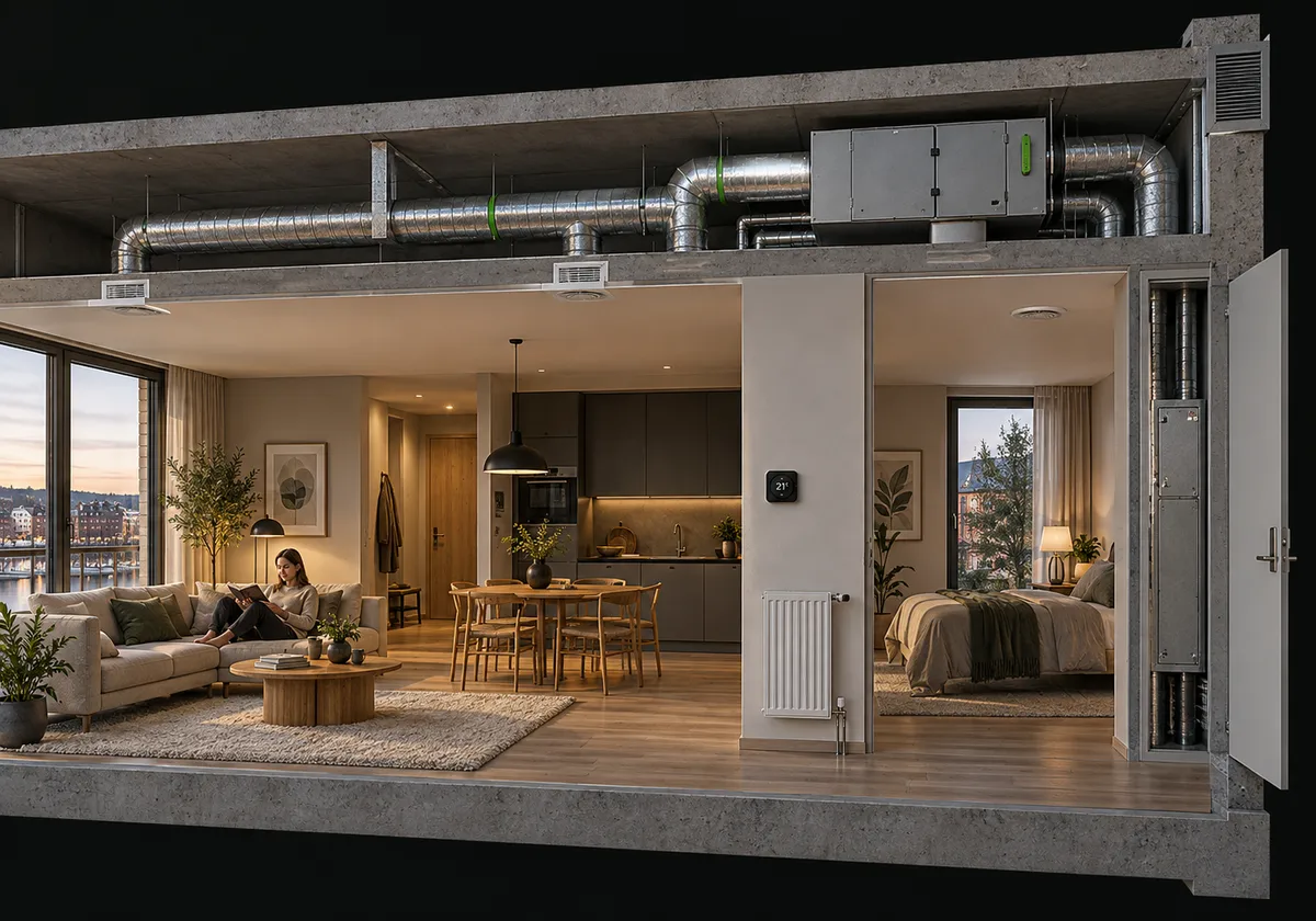 Apartment cutaway showing ventilation, radiator, thermostat and the room they serve.