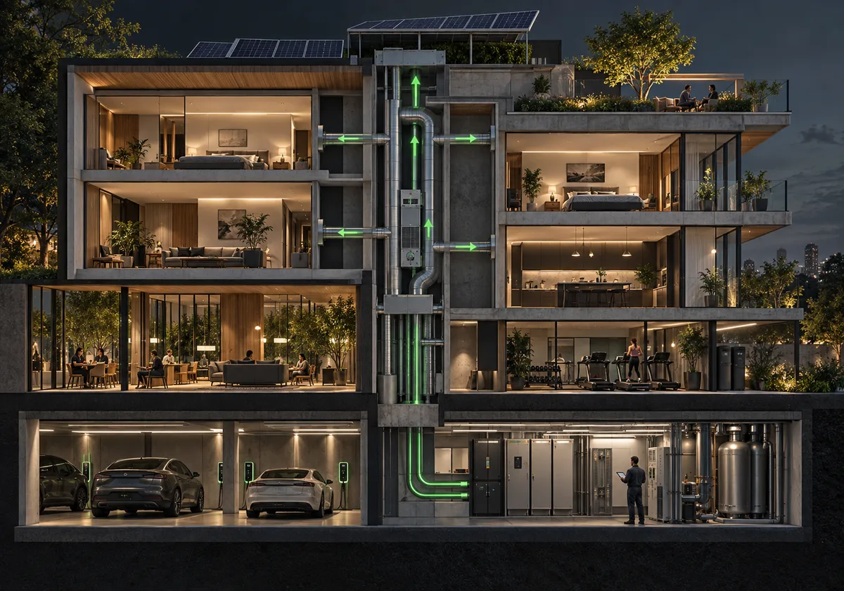 Mixed-use cutaway showing rooftop generation, shared plant, residences and charging bays.