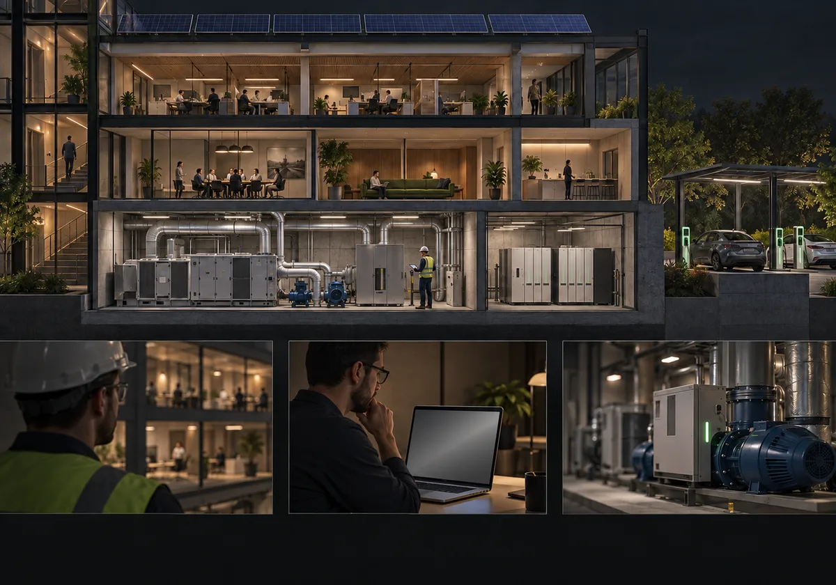 Architectural observation, operator review and feedback sequence around shared plant, generation, storage and charging.