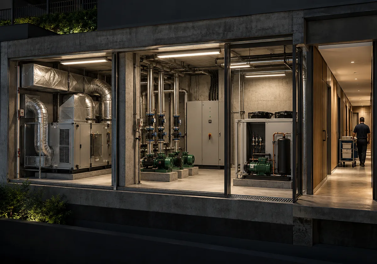 Ventilation plant, pumps and a separately controlled refrigeration unit in a building service area.