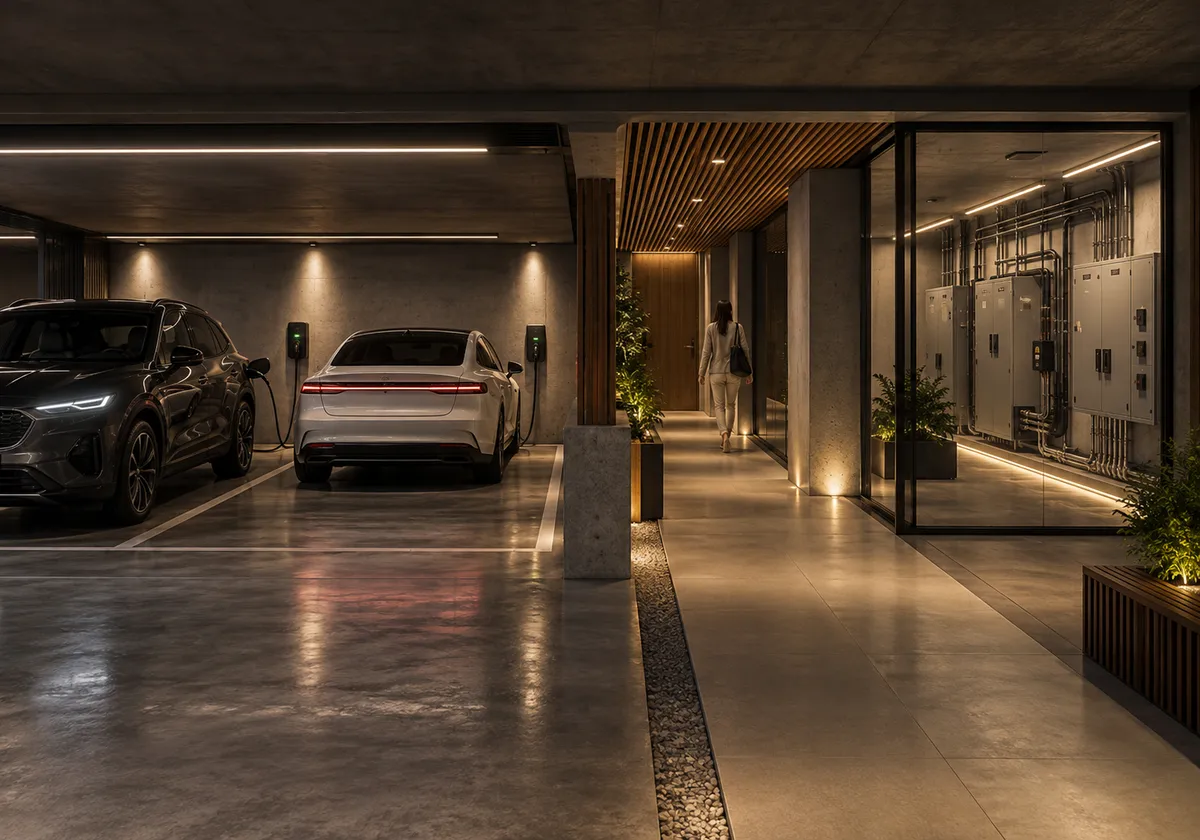 Basement EV charging bays with separate pedestrian circulation and electrical service space.