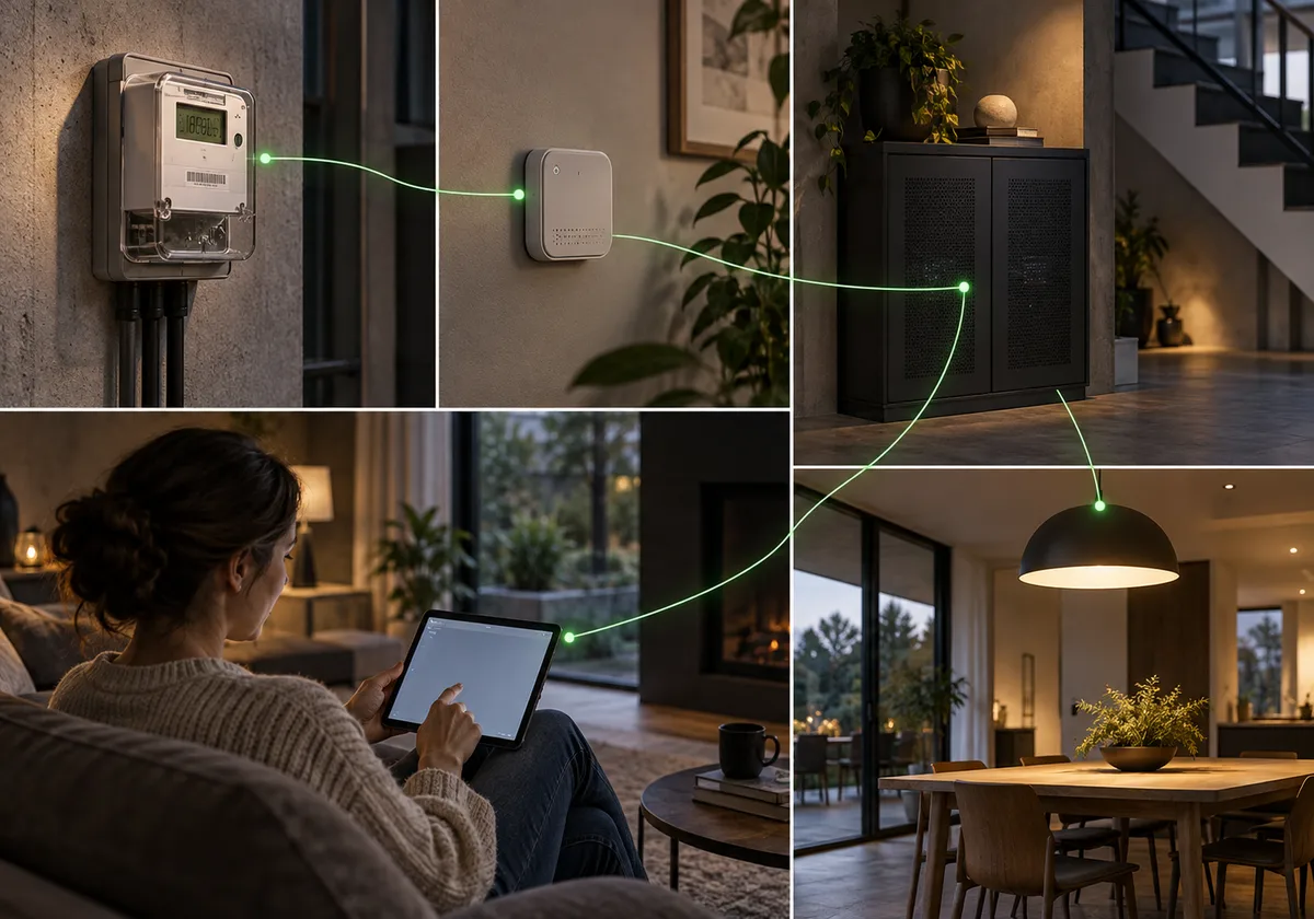 Refined residential interior showing green energy flow between metering, local intelligence, infrastructure and lighting