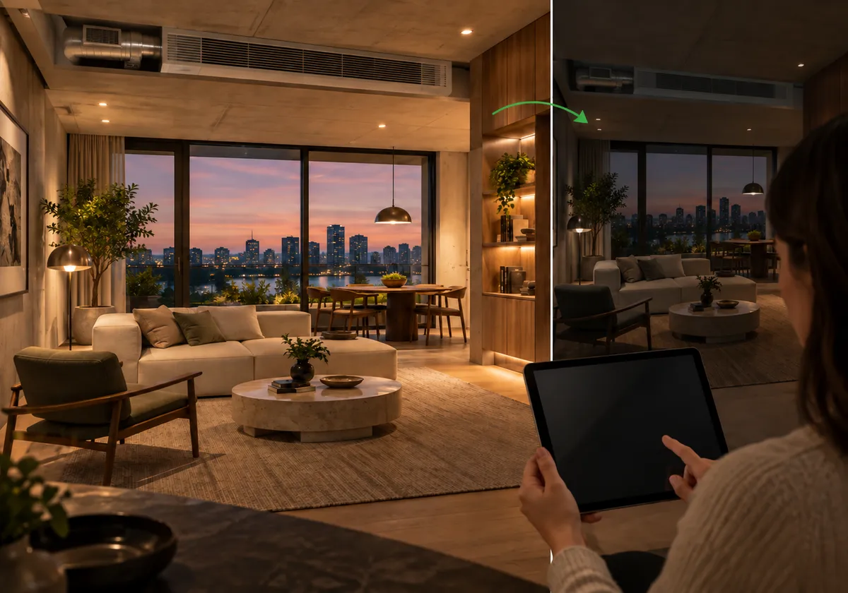 Resident reviews an empty-room recommendation beside the room’s lights and climate equipment.