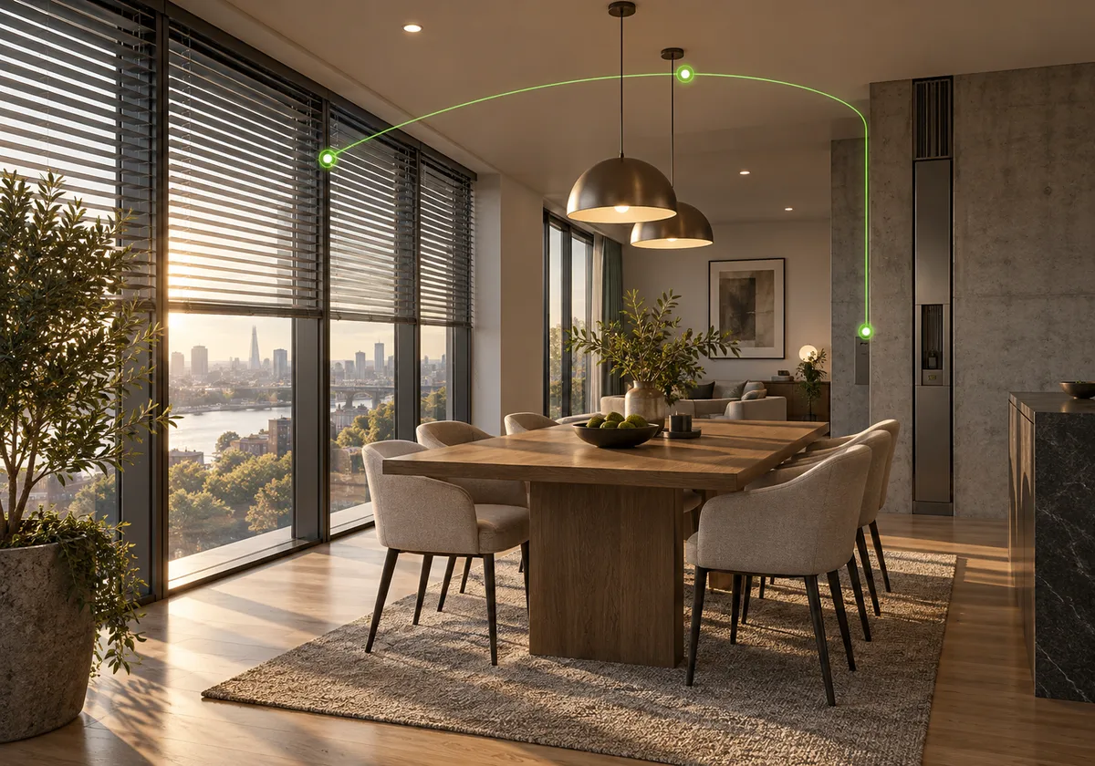 Daylit dining room with ceiling lighting and adjustable window shading.