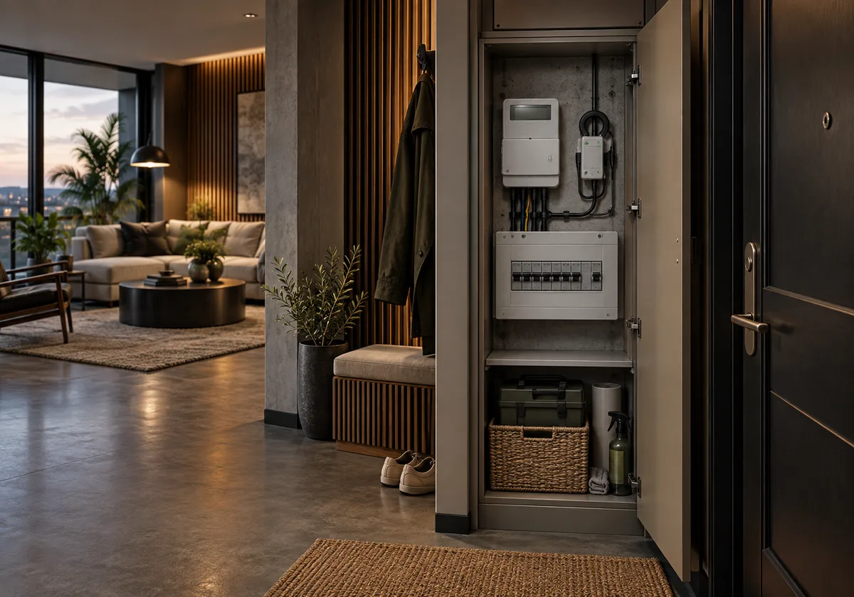 Electricity meter and energy monitor in an apartment utility cupboard beside a furnished living space.