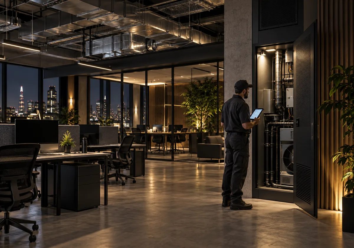 After-hours office and ventilation plant with facilities staff inspecting equipment.