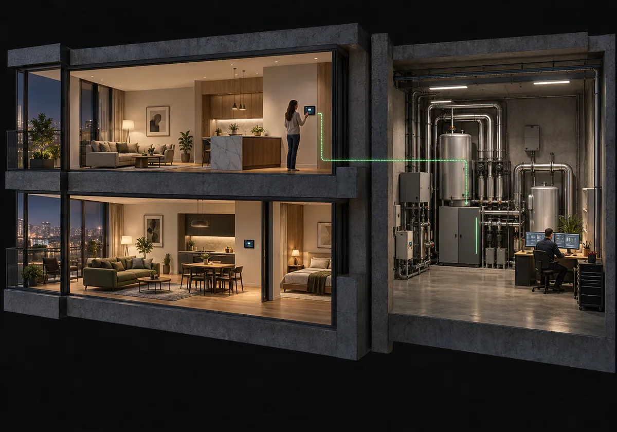 Separate apartment decisions and shared-building equipment coordination connected by one bounded request path.