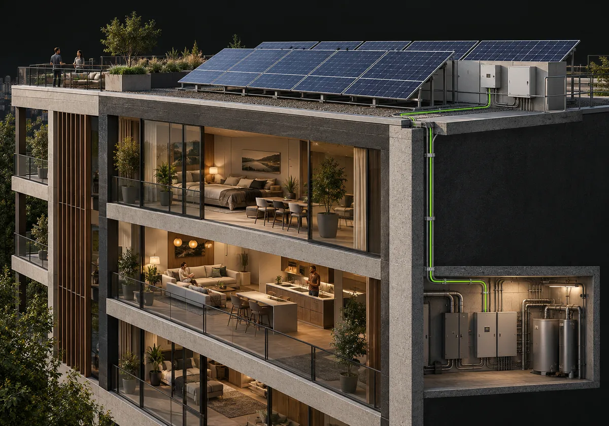 Rooftop solar panels, enclosed inverter and a service route into the building.