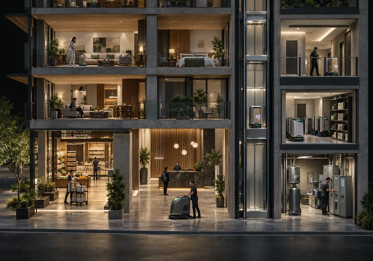 Robot-ready cutaway with separate home, common-area and commercial robots, secure routes, lift landing and charging alcove.