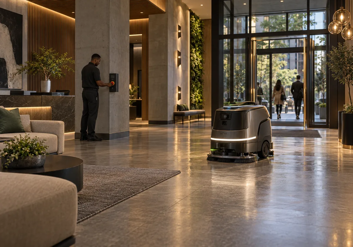 Lobby scrubber working in a designated area away from people and unobstructed exits.