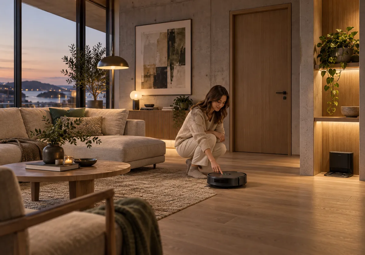 Resident deliberately starts a compact cleaning robot in a designated living room while an adjacent private door remains closed.