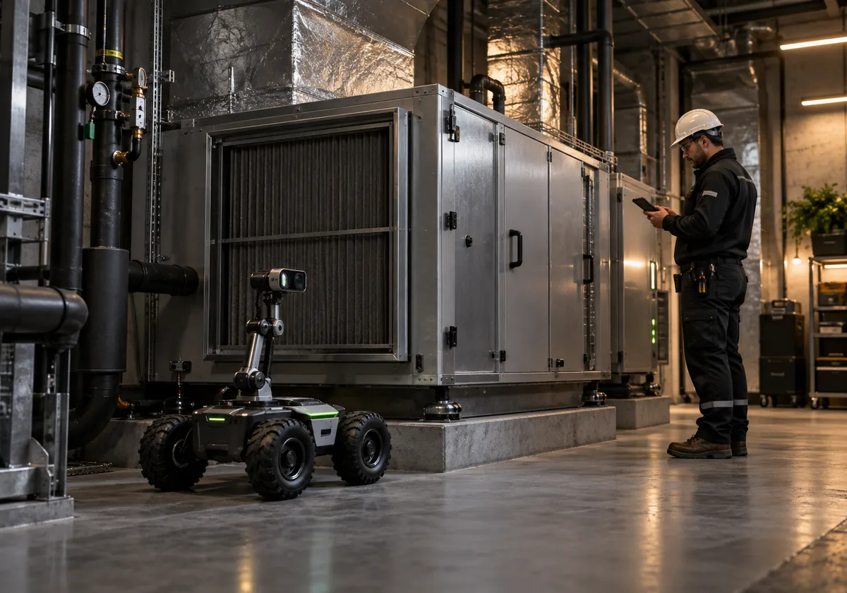 Specialist inspection rover observing one air handling unit beside a qualified maintenance technician.