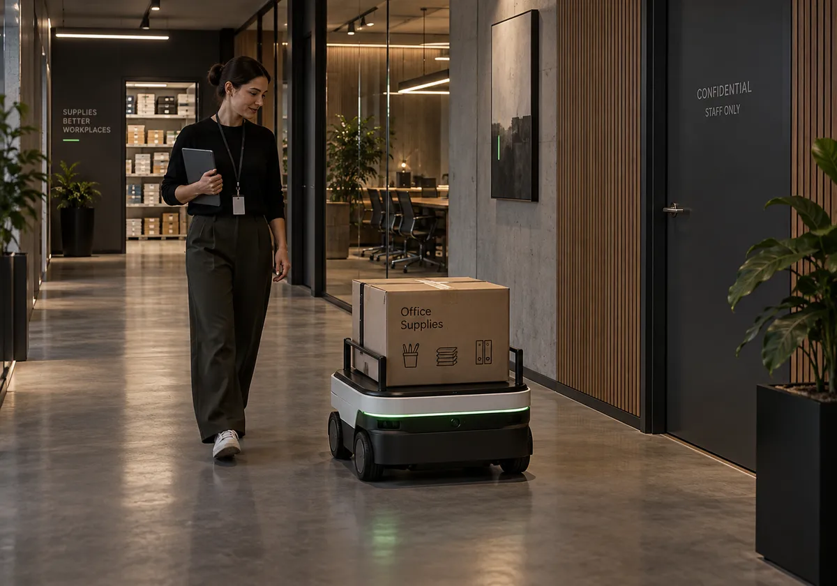 Office transport robot carrying a stationery box from storeroom to designated supply point with staff supervision.