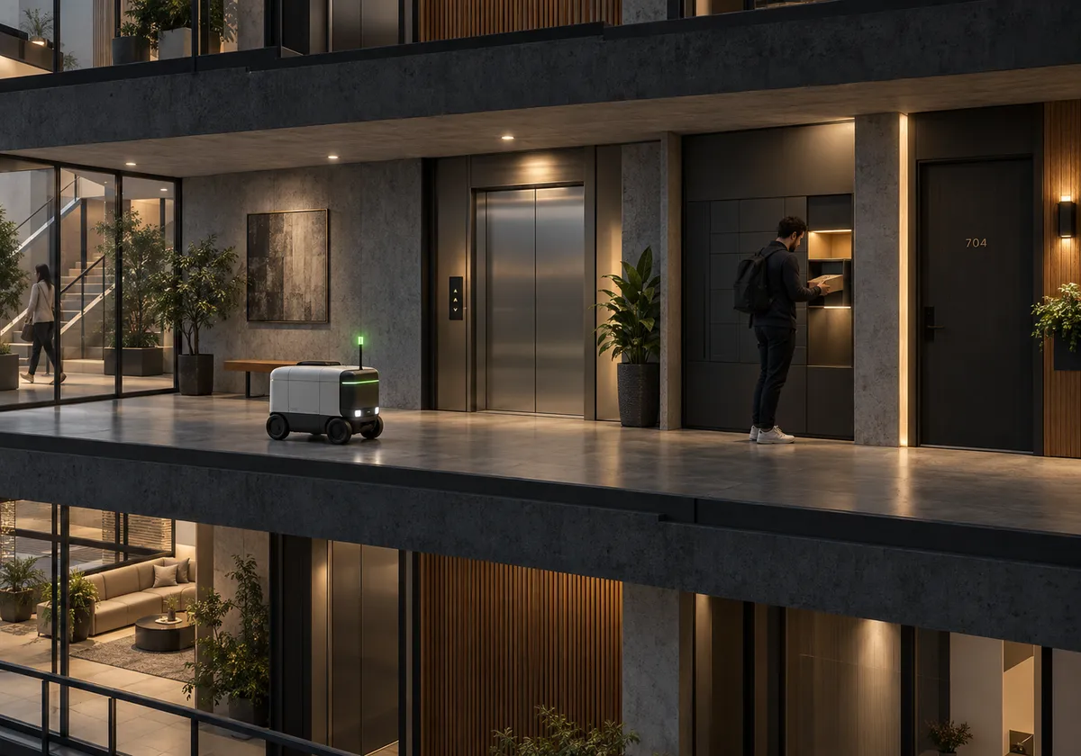 Closed-box parcel carrier on a clear hand-off, corridor, lift and secure compartment route outside the apartment.