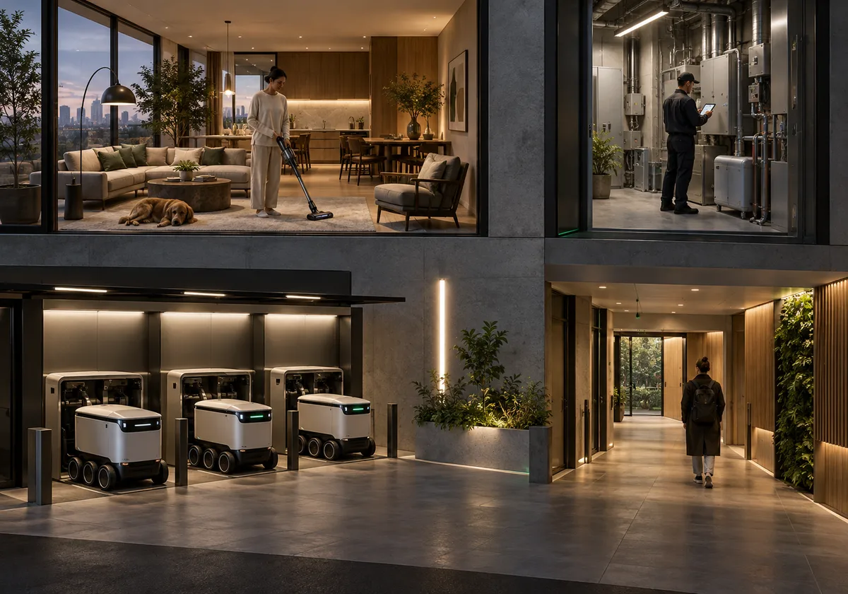 Residence request, independent building operator, robot docking and shared corridor shown as separate physical responsibilities.