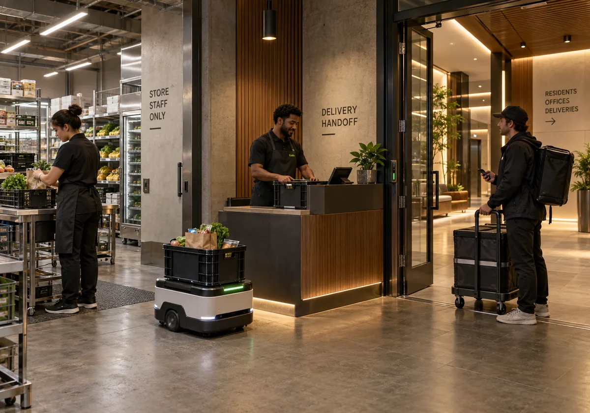 Store transport cart at staffed grocery hand-off, separated by a doorway from a building delivery carrier.