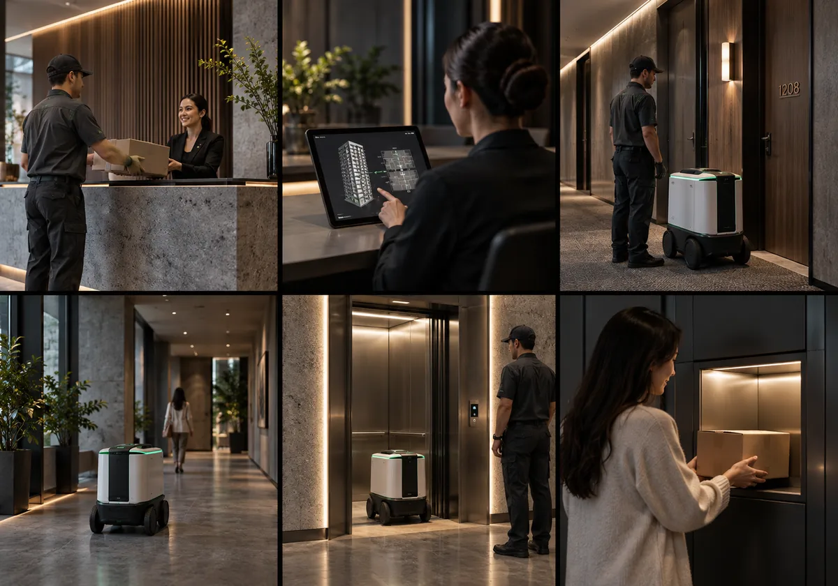 Six architectural stages from staffed parcel acceptance through scoped route, corridor travel, lift hand-off and compartment receipt.