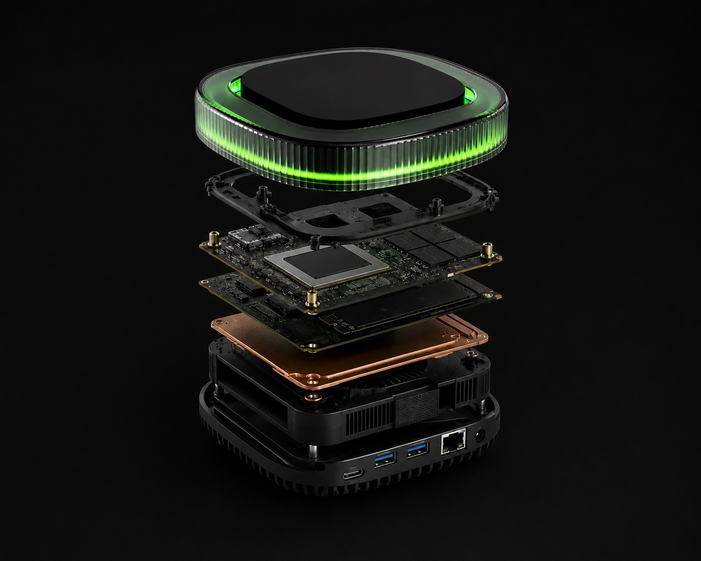 Label-free exploded view of the OR.BIT.Ai Base edge hub on a black background