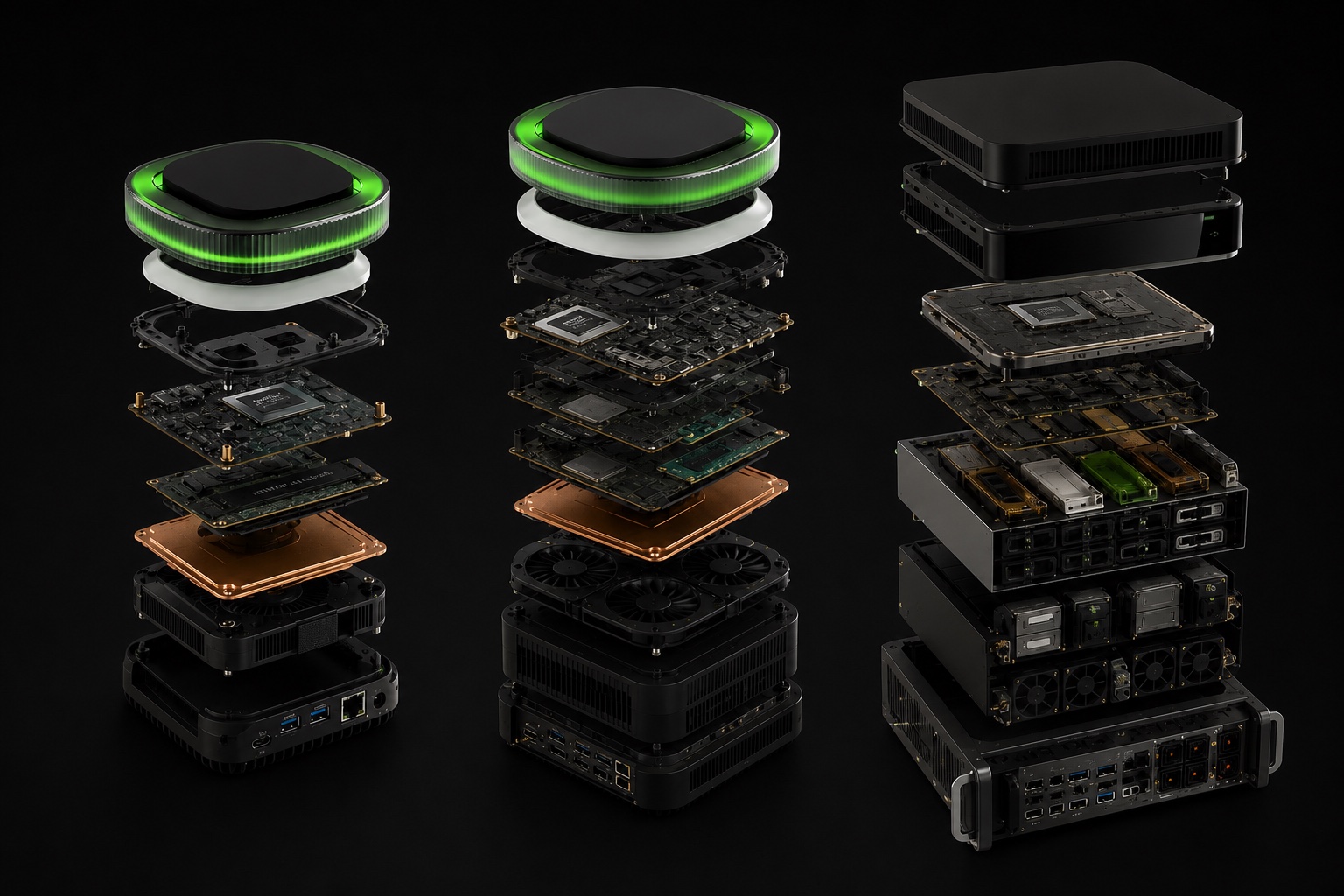 Label-free exploded views of the OR.BIT.Ai Base, Pro, and Enterprise hardware family