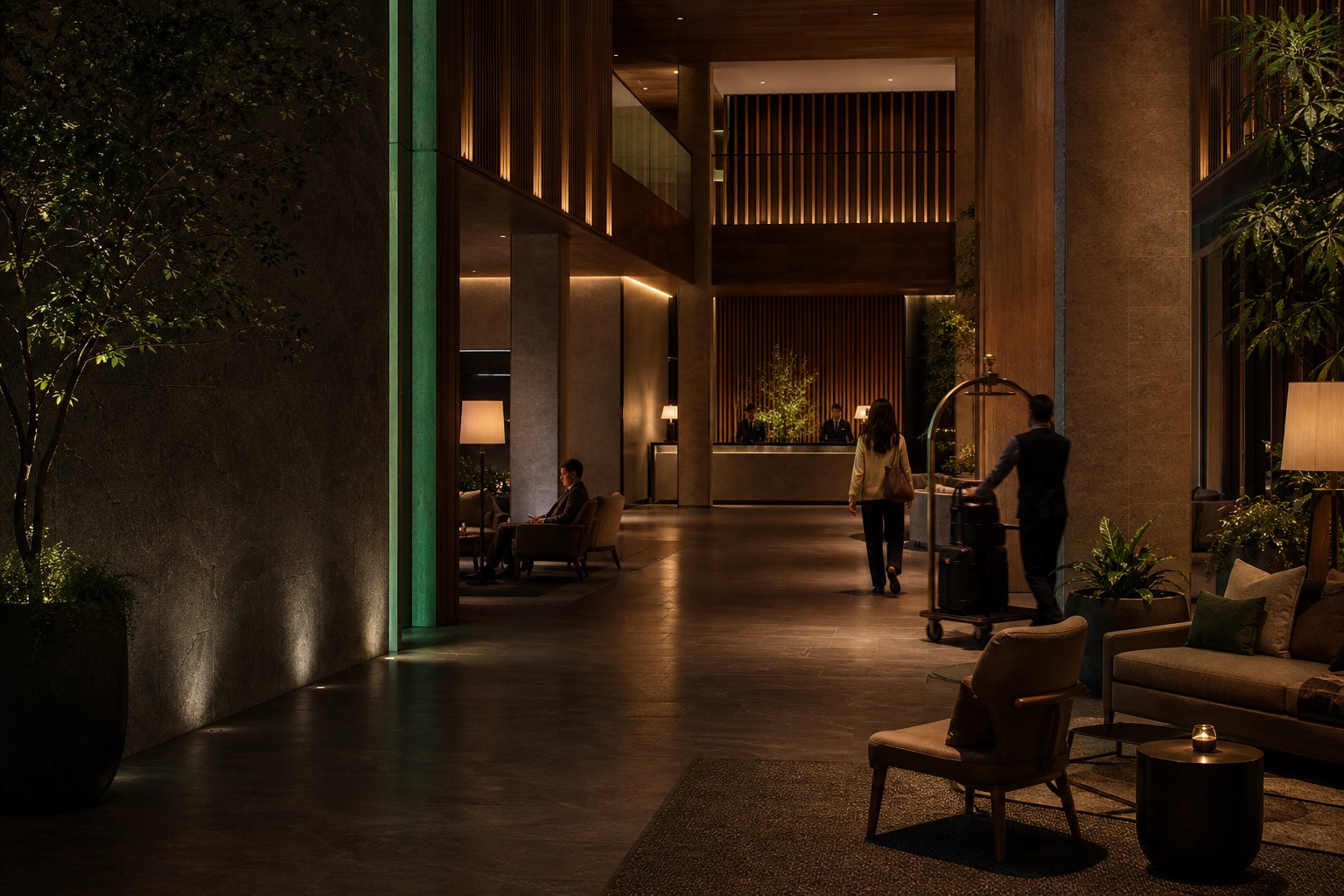 Refined hotel lobby with discreet integrated building operations