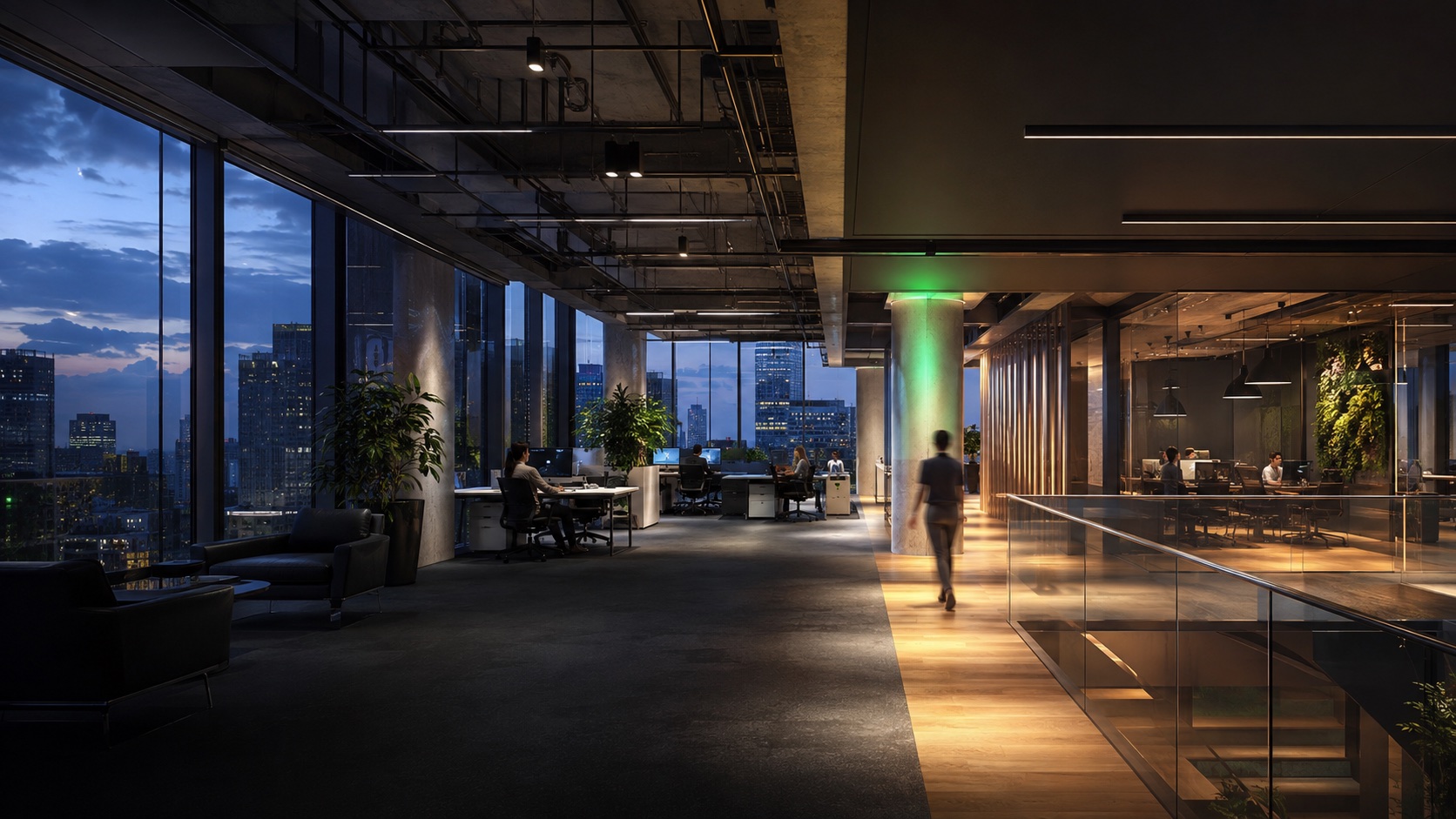 Contemporary commercial office with integrated building systems at dusk