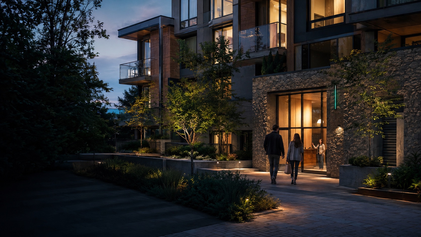 Privacy-conscious contemporary residential development at dusk